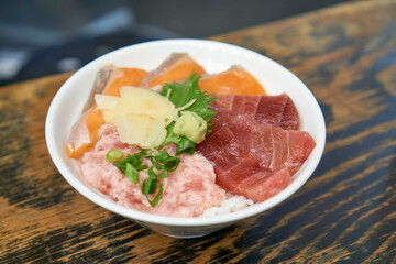 Japanese kaisen-don with salmon and tuna