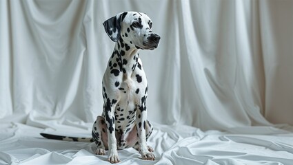 Photorealistic image of a dalmatian sitting with tilted head on white background