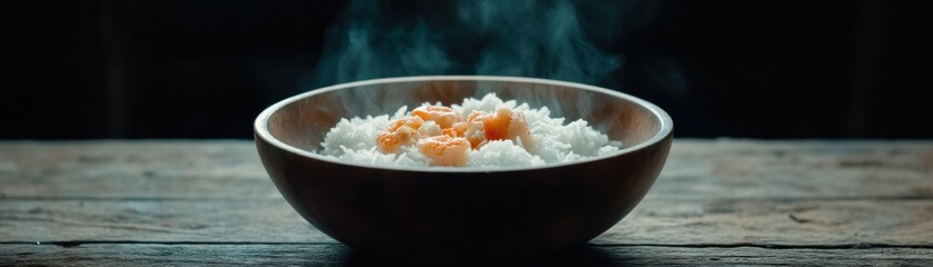 A bowl of steaming rice topped with shrimp, presented on a rustic wooden table, perfect for culinary articles, menus, or food blogs highlighting Asian cuisine and delicious home-cooked meals,