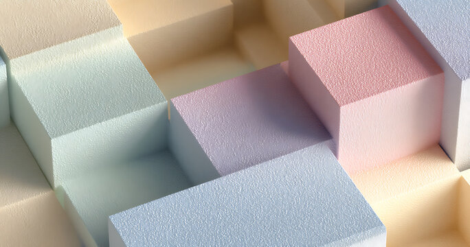 Pastel-colored cubes create a calming, textured abstract. Soft hues and subtle shadows.