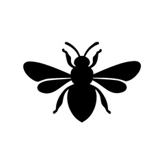 Minimalist black silhouette of a bee with rounded body and delicate wings