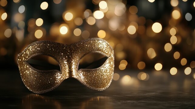 A sparkling gold mask rests on a dark surface with a bokeh background of glowing lights, creating an enchanting atmosphere, Ideal for themes like celebration, mystery, or masquerade events,