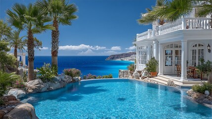 Fototapeta premium Luxury Villa with Infinity Pool, Ocean View, and Mediterranean Paradise.