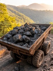 A sturdy truck filled with large coal chunks is parked on a dirt path, surrounded by scenic mountains and greenery, This image can be used in industries related to mining, energy