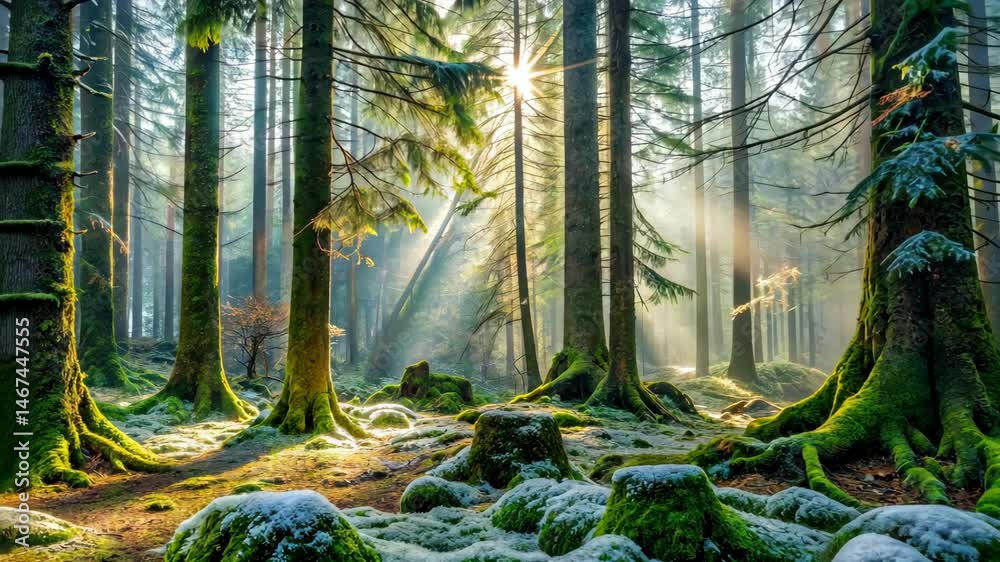 Poster sunbeams illuminate a mystical forest with mossy trees and a touch of snow