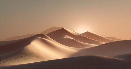 Golden hour casts a warm glow on undulating sand dunes, creating a serene desert landscape.