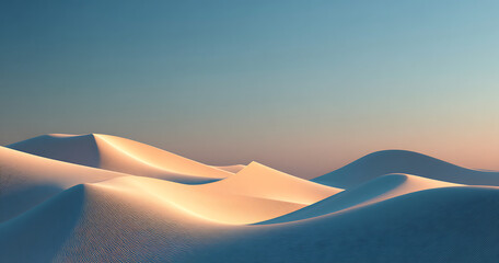 Serene desert landscape at sunset. Warm light illuminates the sand dunes, creating a peaceful atmosphere.
