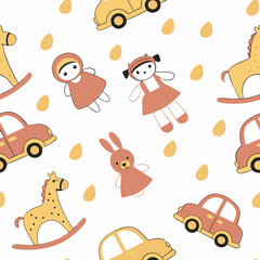 Seamless pattern design with toy icons for children can be used in children's living spaces such as bedding, clothes, wall patterns