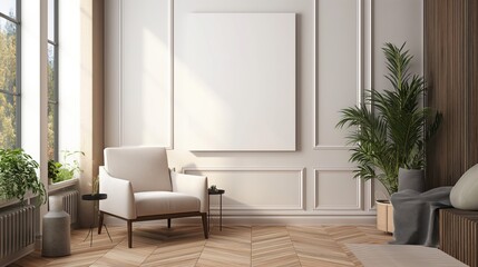 Una maqueta de lienzo blanco iluminado cuelga en la sala de estar.