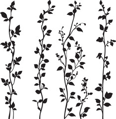 Black Silhouette Floral Vine Clipart Set, Botanical Leafy Branches, Vector Art