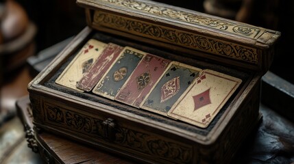Antique Playing Cards in Ornate Wooden Box