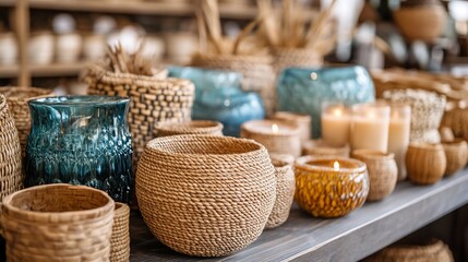 Obraz premium Handwoven Baskets and Glass Vessels with Candles: Home Decor