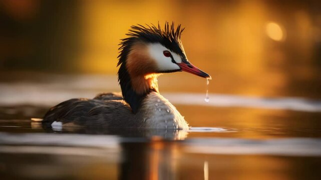 A beautiful crested grebe swimming in a golden sunset, showcasing nature's serenity.
