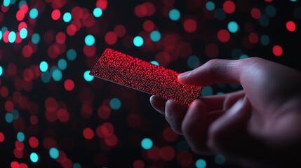 A hand holds a glowing red data card against a background of blurred blue and red lights.