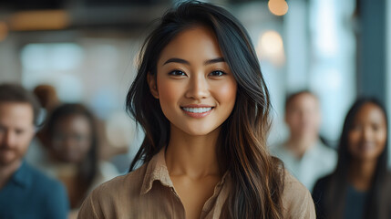 Obraz premium Diverse group of people with different gender, ethnicity and age. Smiling young asian woman standing in front multiethnic team.