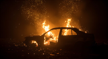 Burning Car at Night with Flames and Sparks Flying