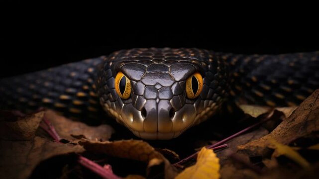 A close-up of a striking snake blending into its natural surroundings amidst autumn leaves.