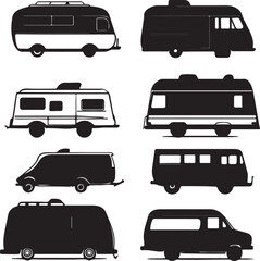 Black and White Camper Van Silhouettes: Travel, Camping, and Adventure Vector Set
