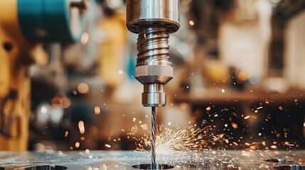 Precision drilling machine in action.  Sparkles fly as metal is precisely drilled