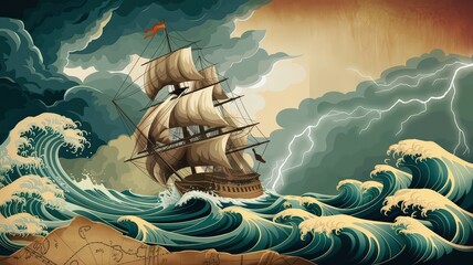 Dramatic Vintage Ship Caught in Stormy Seas with Lightning Strikes