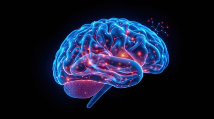 Glowing 3D human brain model with neural connections highlighted in red and blue