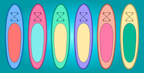 Colorful set of summer surfboard illustrations in various pastel and vibrant color combinations on a sea wave color gradient background. Ideal for summertime, ocean activity, and outdoor sports design