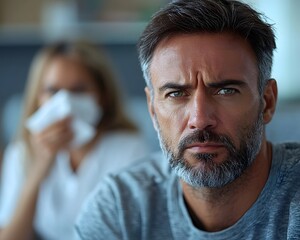 Obraz premium An exhausted man waits in a doctor s office holding a tissue while feeling unwell