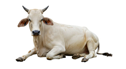 A serene depiction of a light-skinned cow in a relaxed pose, lying down on a transparent background, evokes feelings of tranquility and pastoral life, ideal for use in projects that need this style.