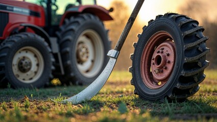 Photorealistic image of a clean sickle by a tractor tire