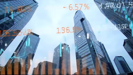 Digital charts and graphs showing negative financial market trend projected over modern skyscrapers in a low angle view emphasizing the current financial crisis