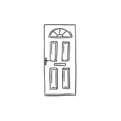A front door of a Victorian terrace house. Drawn by hand in black sketch style. 