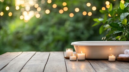 Bathtub candlelight relaxation in green garden backdrop for spa and wellness retreat
