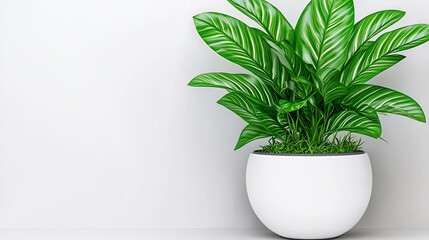 Fototapeta premium Vibrant Indoor Plant in White Pot Against Minimalist White Wall