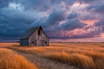 Obraz premium Dilapidated wooden barn stands amidst golden wheat field under dramatic sunset sky with pink and blue hued clouds