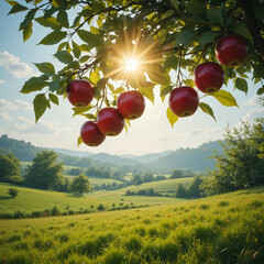 Serene Countryside Landscape with Red Apples Hanging from Tree and Sun Rays Through Leaves