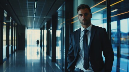 Fototapeta premium Confident businessman in a suit standing in a modern office stock photo --ar 16:9 --raw --v 6 Job ID: 475da7fc-f8de-4bee-bb05-24fc7b53f7d9