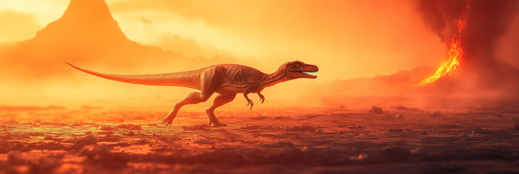 Alone dinosaur walking across cracked, barren earth under a fiery red-orange sky with volcanic eruption apocalyptic background for dramatic storytelling or educational content.
