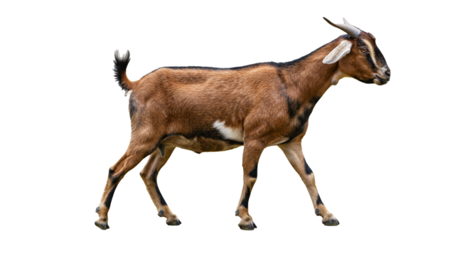 A brown goat is seen gracefully walking in profile, its fur detailed with various shades creating a visually striking image against a transparent backdrop; the goat seems calm and majestic.
