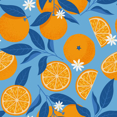 Oranges Seamless Pattern in Mediterranean style. Vector illustration in hand-drawn flat style