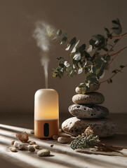 Modern essential oil diffuser emits soft vapor beside stacked stones and eucalyptus branches, creating calm and natural atmosphere with warm lighting and shadows