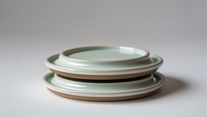 Photorealistic image of a ceramic dual lid coaster in a modern studio setting