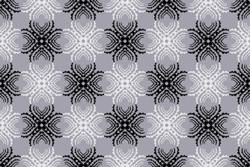 Seamless traditional Thai floral pattern in black, white, and gray tones. Elegant symmetrical design with a classic vintage feel, perfect for textiles, wallpapers, and decorative backgrounds.
