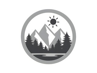 Monochromatic emblem of a mountain scene inside a circle, featuring snowcapped peaks, a sunburst, pine trees, and a minimalist aesthetic.