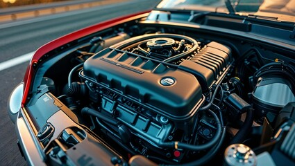 Photorealistic image of a car engine on a racetrack
