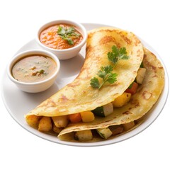 Delicious crepe filled with vegetables on white background