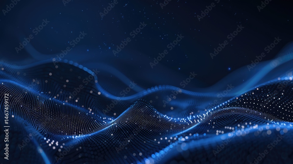 Poster abstract picture micro light sparkling particle represent data flow vivid flowing wave with high tec
