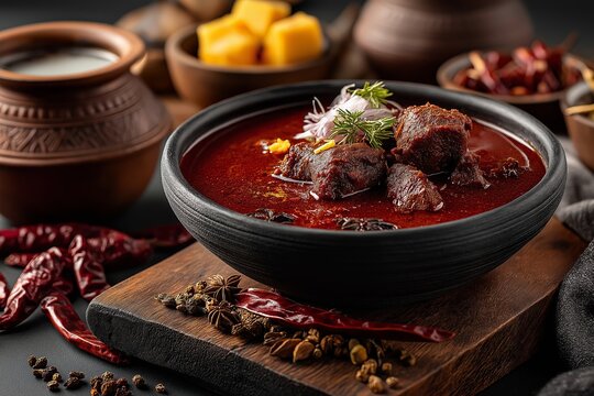 Laal Maas, fiery mutton curry in rich, spicy broth topped with herbs, spices, arranged on dark wooden cutting board. Concept of Laal Maas evokes warmth, coziness, inviting flavors.