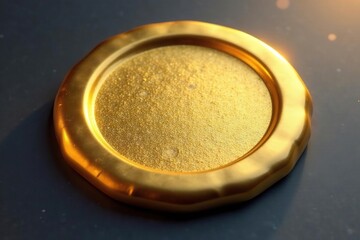 Shiny golden seal, reflecting light, clean surface, illuminated, detail, background