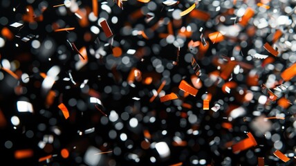 Floating orange and silver confetti against a dark background. Vibrant color of paper and confetti falling at dark background. Celebratory atmosphere with scattered sparkles. Festive and party. AIG53.