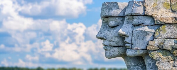 Two stone face sculptures emerge from a wall, set against a bright blue sky with fluffy clouds.